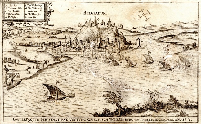 Panorama in prikaz vojaškega zavzemanja Beograda leta 1521, bakrorez. IAB, ZŠT.