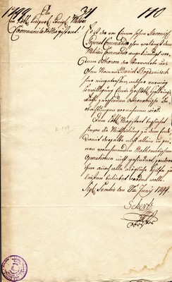 Obvestilo Vojaškega poveljstva zemunskemu magistratu o prihodu astronoma Bogdanića v Zemun, 1799. IAB, ZM.