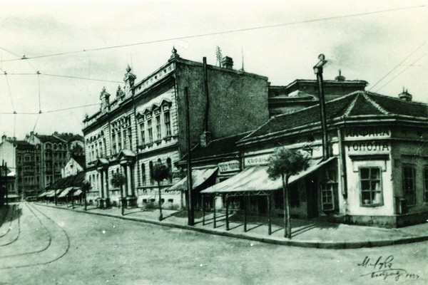 Kavarna Topola na vogalu Bulevarja kralja Aleksandra in Dečanske ulice, risba Luka Mladenovića, Beograd, 1934. IAB, OZ.