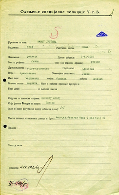 Part of personal file of Special Police prisoner, Slovene woman Justina Vivod, born in 1922. She worked in partisan hospital during the Republic of Užice (between September and November 1941). Initially she was imprisoned in Banjica KZ afterwards she was deported to Auschwitz, IAB, UGB SP. (Page 2)