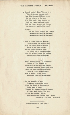 Score of the national anthem Bože pravde, published on event Kosovski dan, London, 1916, Kosovo Day Committee, Biblioteka Fakulteta Muzičke umetnosti u Beogradu. (Page 3)