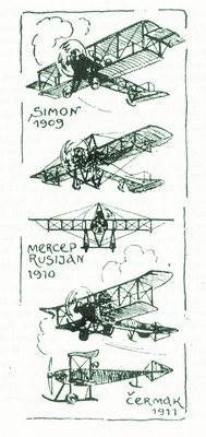 A drawing by architect Aleksandar Deroko, who described Rusjan’s flight in his memoirs. From the book by A. Deroko, Mangupluci oko Kalimegdana, Beograd, 1987. (Page 1)