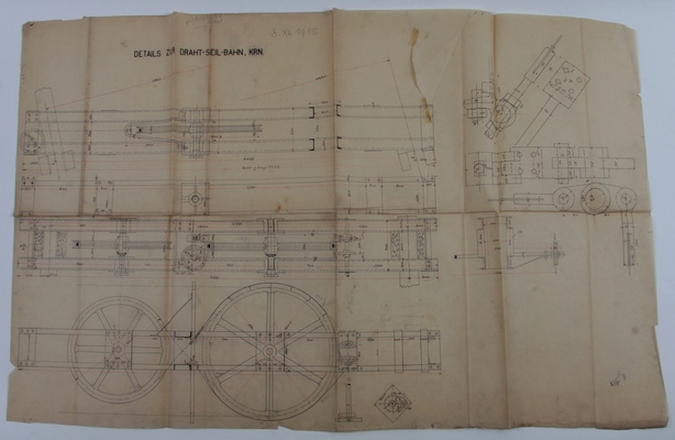 Načrt delov žičniške naprave za Krnsko pogorje, izdelane v jeseniški železarni Kranjske industrijske družbe, 8. 12. 1915.