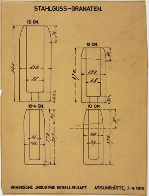 Načrt litoželeznih tulcev granat različnih dimenzij, 7. 4. 1915.
