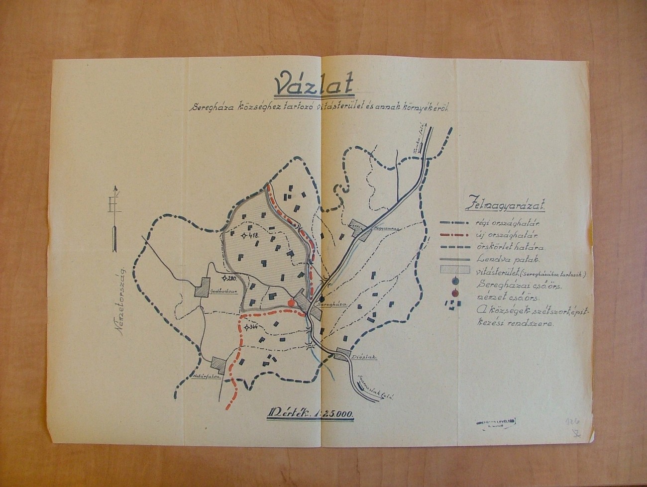 On 16 April 1941, Germans handed over control of Prekmurje to the Hungarians, except in four settlements in the northwest of the region. The sketch shows the German- Hungarian border at the settlement of Serdica (Seregháza), with the disputed area (vitás terület) drawn in. In Serdica the border ran along the Ledava River. On the bridge between the two parts of the village, a German officer drew the border with his boot; the subject of dispute was a mill on the Hungarian side of the village, which was owned by Germans. Border crossings and a limited transfer of goods were possible but under strict German supervision. People were not allowed to trade in livestock and it had to be marked (D for Germany and U for Hungary). Source: MNL OL K-64 - 1942 - 41.(96. cs.).