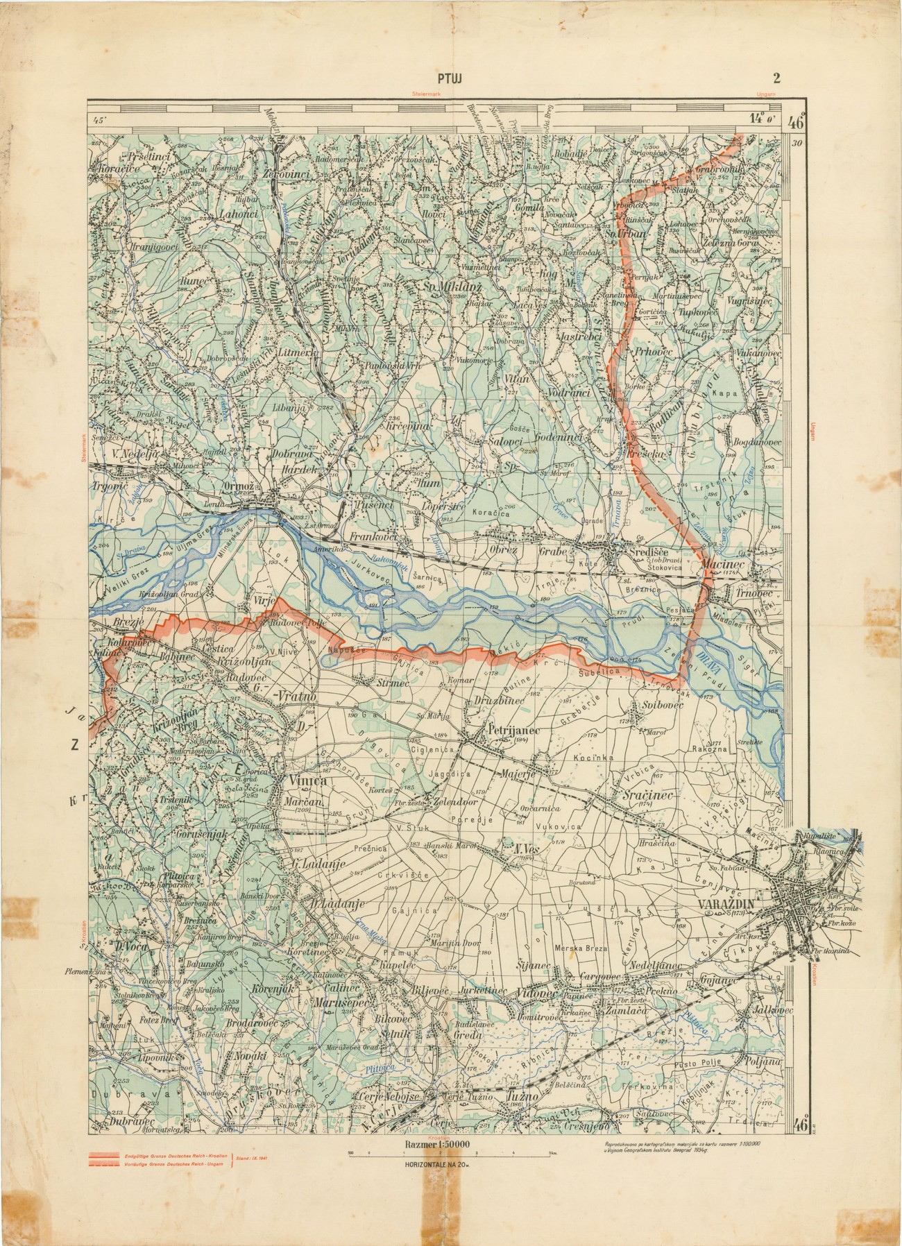 A section of a map showing the border between Germany and the Independent State of Croatia at Ormož. The map clearly shows the course of the borderline. Source: Jugoslavija, topografske karte razmera 1:50,000, sheet Ptuj. Archive: Anton Melik Geographical Institute ZRC SAZU.
