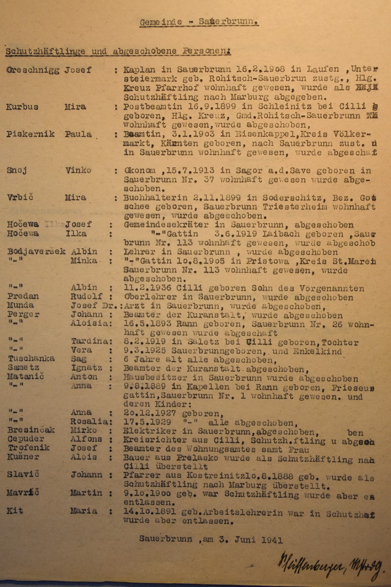 A list of people arrested and exiled in the area of the Municipality of Rogaška Slatina. The list covers the period up to 3 June 1941. The curate from the parish house of the Church of the Cross and the parish priest from Kostrivnica were arrested and transferred to prisons in Maribor. Deportation also befell librarians, doctors, teachers (Rudolf Predan, the head teacher of the school in Sveti Križ was also deported), clerks and secretaries at the municipal hall, at the post office, at the health resort (including Ivan Gračner, the health resort's director until that time), and various landowners. Archives of the RS.