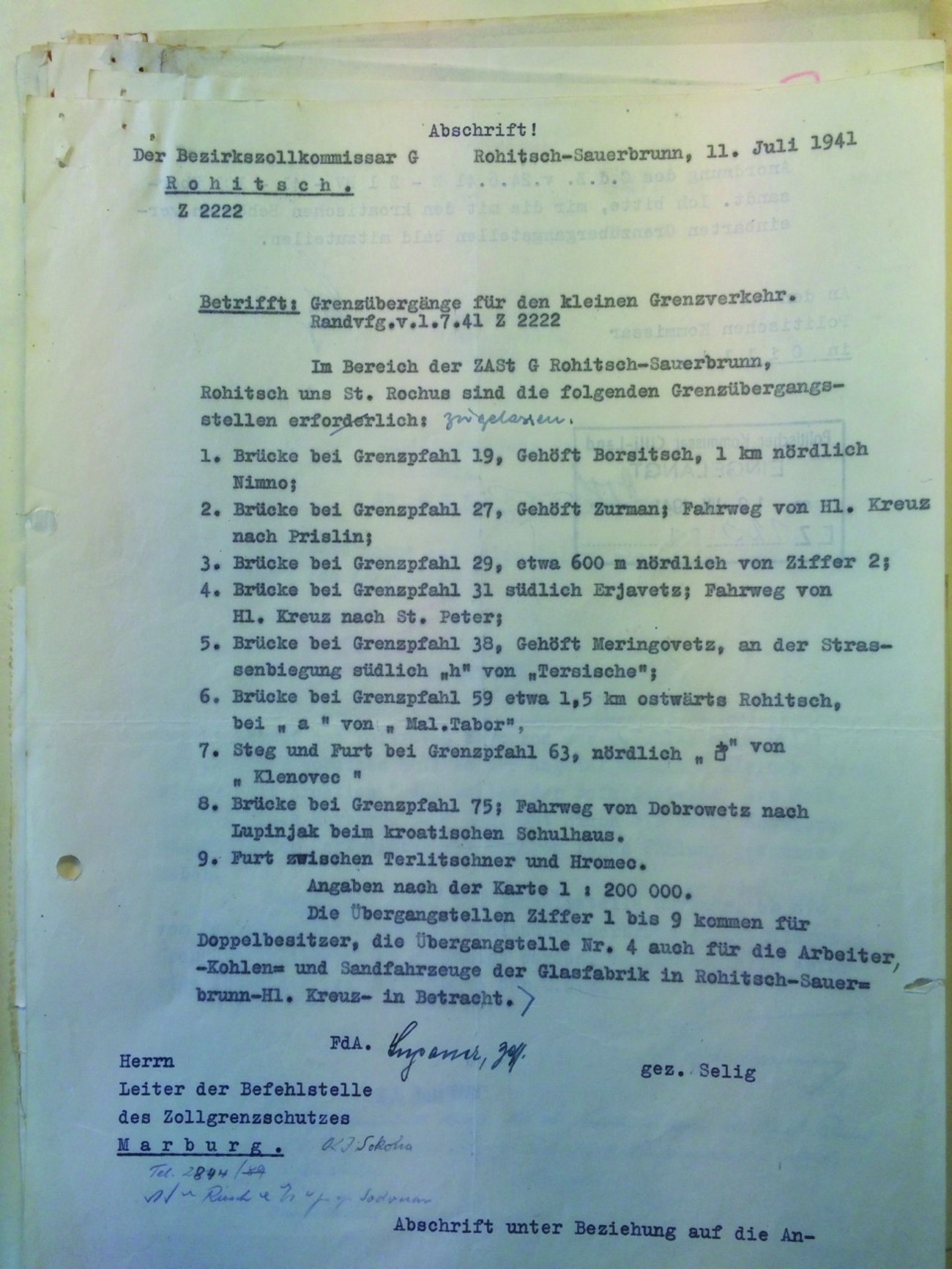 Poročilo okrožnega carinskega urada Rogatec o mejnih prehodih za maloobmejni promet v sektorju med Rogaško Slatino, Rogatcem in Svetim Rokom. V dogovoru, do katerega je prišlo 11. julija 1941 v Rogaški Slatini, so vzpostavili 9 točk za legalno prečkanje nemško-hrvaške meje. Arhiv RS.