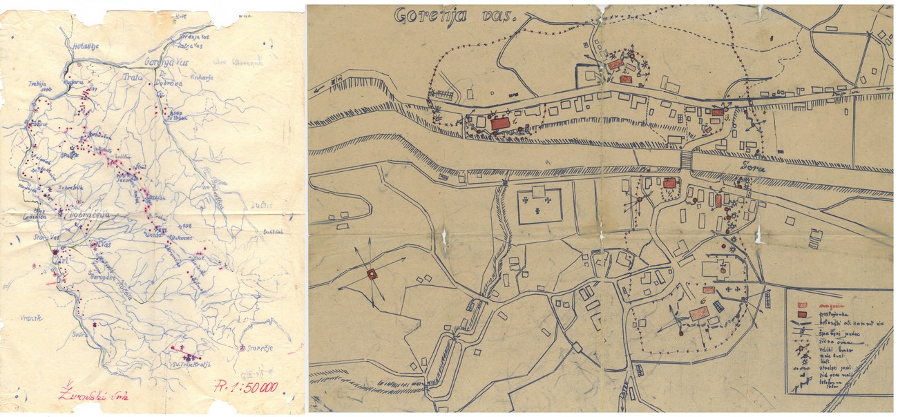Partizanska zemljevida Žirovskega vrha, na katerem so vrisana tudi žirovska naselja, ter Gorenje vasi, ki so jo Nemci obdali z bodečo žico. Z žico ter bunkerji so leta 1944 ob ponovnem prevzemu oblasti utrdili tudi Poljane. SI ZAL ŠKL, 0268, 3, C-VI-3-l-11.