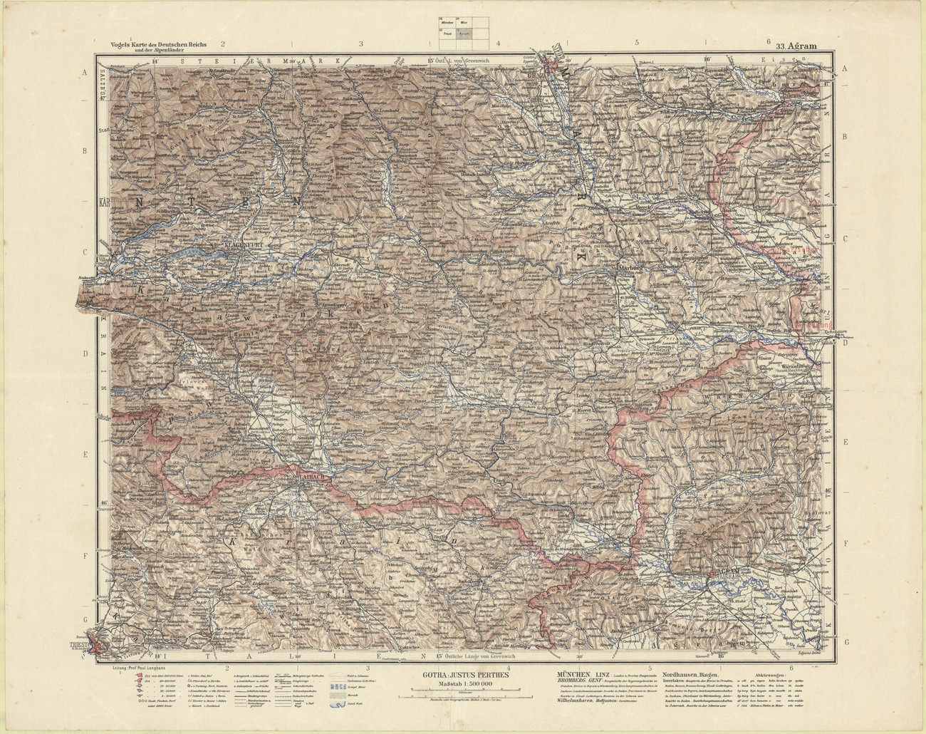 Zemljevid Vogels Karte des Deutschen Reichs und der Alpenländer ima že vrisano mejo med nemškim in italijanskim ozemljem. Pri pouku so ga uporabljali v nemškim šolah na Gorenjskem. SI ZAL ŠKL, 44, B-IV-b-1.