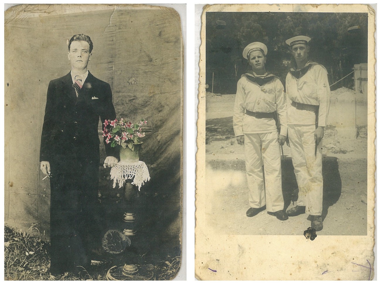 Na levi fotografiji je Franc Čadonič (1919–1942), na desni pa sta levo Jože Čadonič (1917–1942) in desno Marko Čadonič (1917–2000). Franc in Marko sta bila brata, Jože pa njun stric (polbrat njunega očeta). Fotografiji hrani Franc Čadonič. Avtorja fotografij nista znana.
