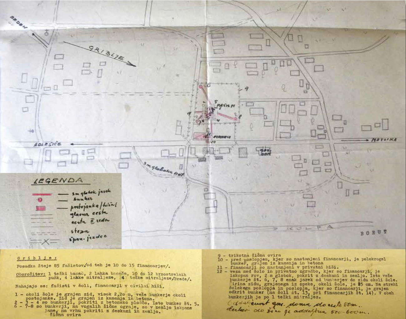 On 8 April 1942, Fascists occupied the school in Griblje, while the Financial Guard occupied a civilian house. The post in Griblje was enclosed by barbed wire and fortified with five concrete bunkers and three bunkers dug into the ground, as well as with a stone and concrete wall. They also dug connecting trenches. The partisan sketch and description of the Italian post in Griblje was most likely created at the end of 1942 or in the first half of 1943. Archives of the RS.