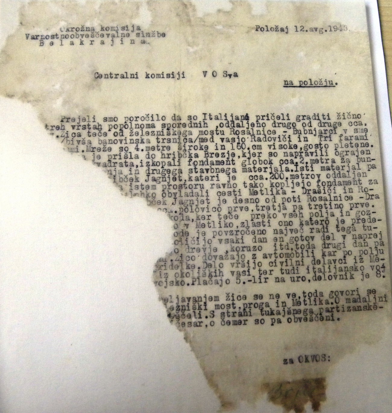 Poročilo VOS o gradnji utrjenega pasu bodeče žice pri Rosalnicah, 12. avgust 1943. Arhiv RS.
