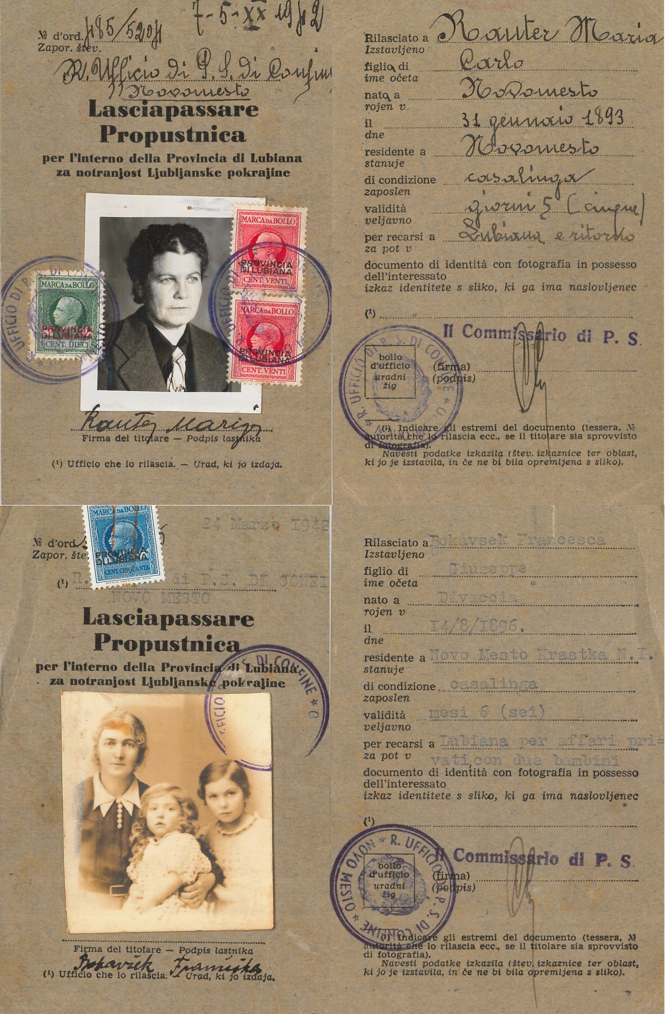 Travels within the Province of Ljubljana were also made very difficult, as special passes were required. Both passes shown above were required for travelling from Novo mesto to Ljubljana. The first was valid only for five days, while the other was valid for six months. The second one was issued to a mother with two children. Zgodovinski arhiv Ljubljana, Enota za Dolenjsko in Belo krajino Novo mesto.
