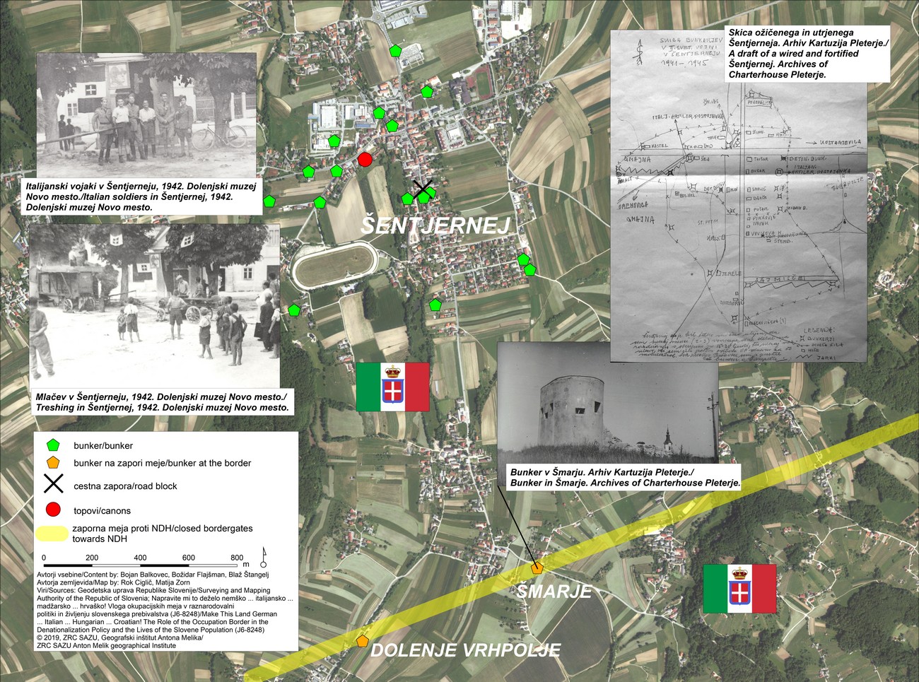 The Partisan sketch and the map clearly show how the Italian occupying forces fortified Šentjernej. It was enclosed by two rings of barbed wire and bunkers. The first ring surrounded the centre of the town, while the other ran along its outskirts. In the centre of town, they also had an artillery battery with which they fired on the Partisan positions in the Gorjanci Hills. The town was decorated with Italian flags and portraits of Mussolini, which is visible in the photograph entitled »Threshing Day«. The Italian defensive line towards the Gorjanci Hills ran near Šentjernej; it, too, was made up of bunkers and barbed wire, and protected with firing trenches. Preserved in the photograph is the Italian bunker in Šmarje, which was photographed by monk Hugo Rožnik soon after the war; the photograph is kept by the monastery in Pleterje. There was a residential area to the right of the bunker, but it had been demolished before the photograph was taken. According to Janez Kuhelj, one of the townspeople built a house from the remains of the demolished bunker.