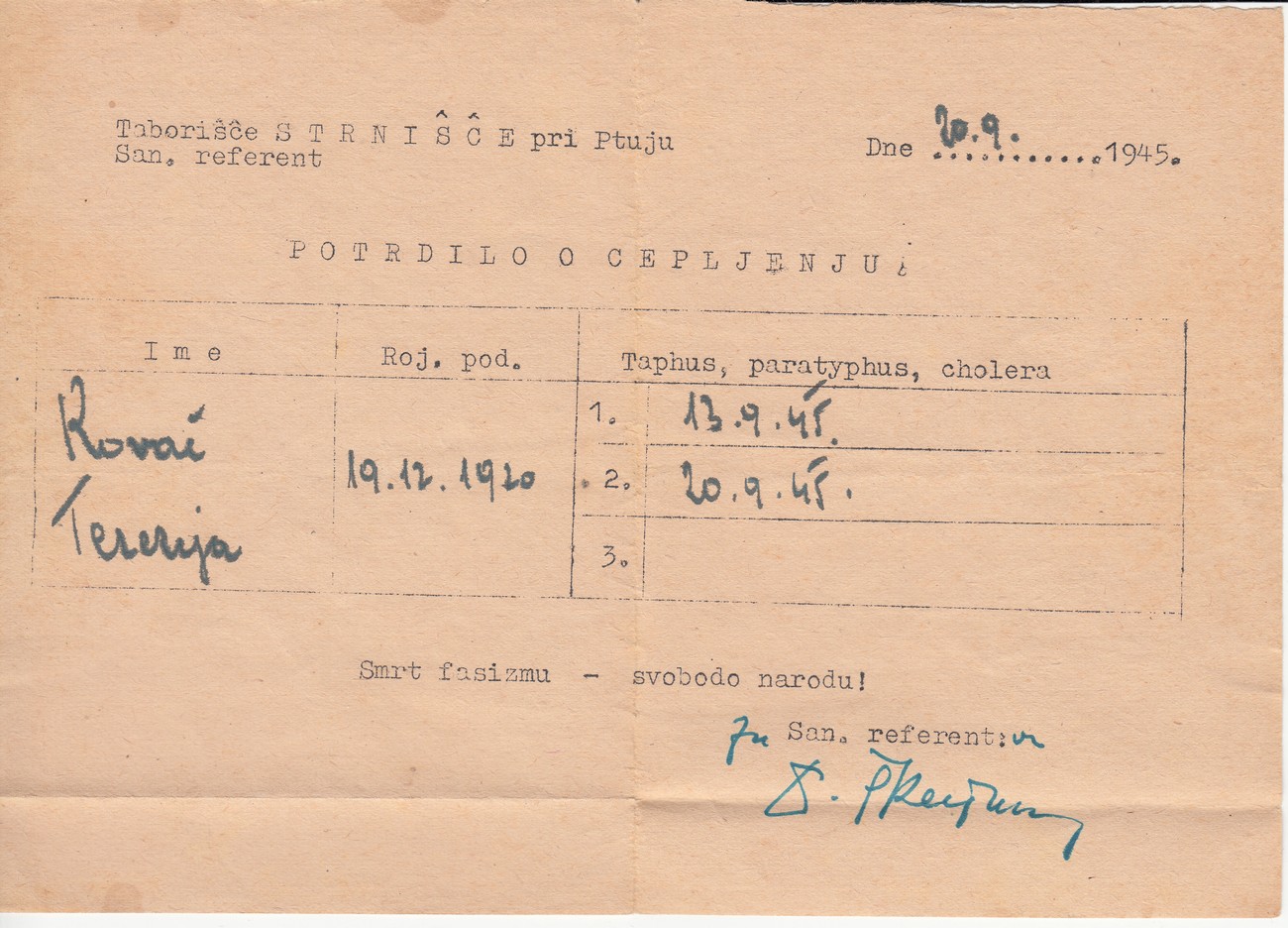 Potrdilo o cepljenju v taborišču Strnišče pri Ptuju. Dokumentacija INV, Enota v Lendavi.
