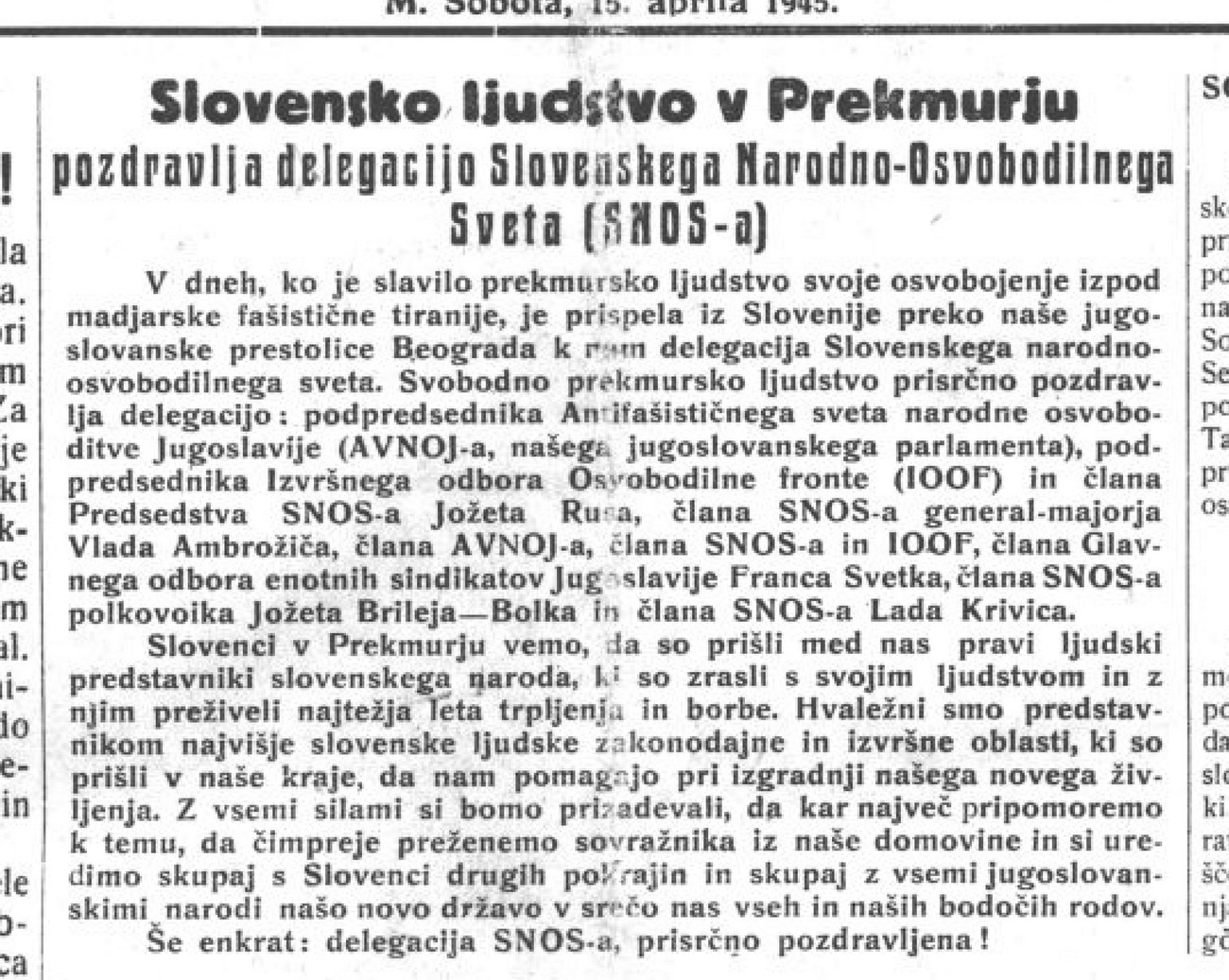 Naslovnica prve številke časopisa Novi čas (15. marec 1945). Urejal ga je partizan in književnik Ferdo Godina.